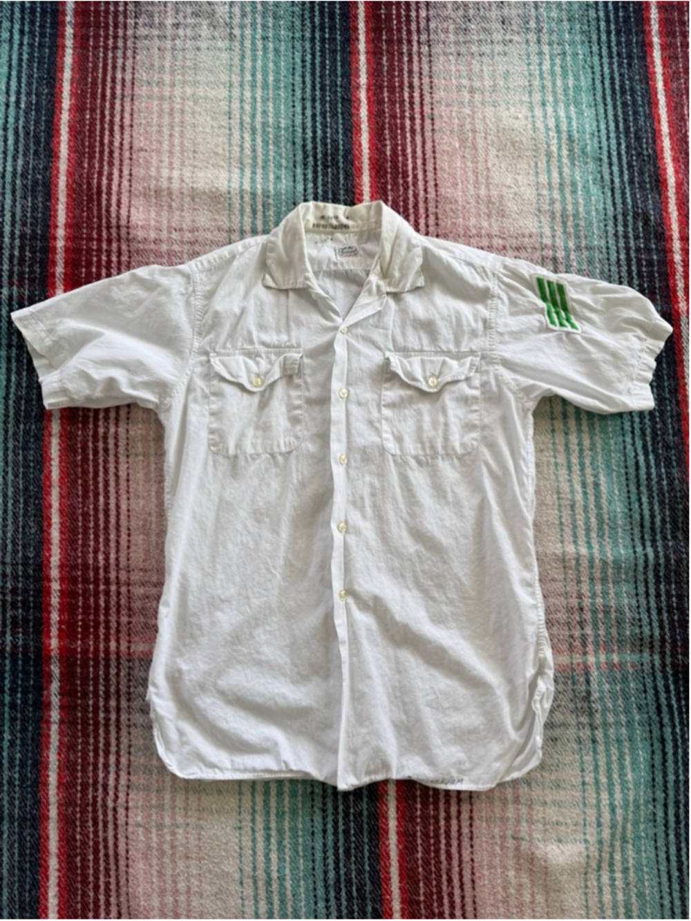 Vintage Baldwin White Casual Button Down Officer Shirt with Green Patch M